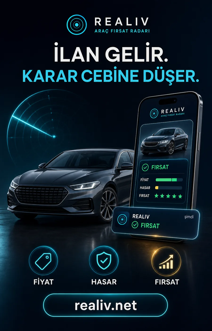 REALIV tanıtım görseli — ilan gelir, karar cebine düşer